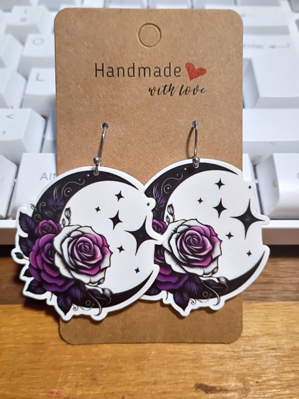 Floral Rose Purple And White Moon And Star Fashion Earrings